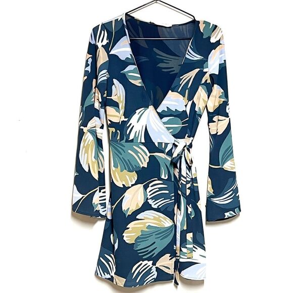 NWOT Revolve Amanda Uprichard Jillian Navy Leaf Print Long Sleeve Wrap Dress XS - Picture 4 of 8